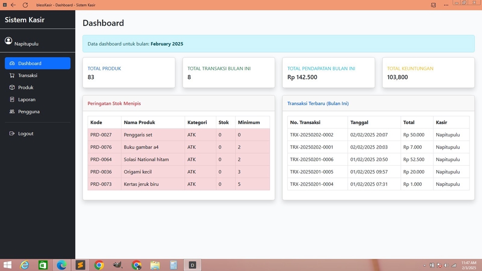 Jasa pembuatan website dashboard untuk sistem kasir, dengan fitur untuk menampilkan data penjualan dan stok barang.