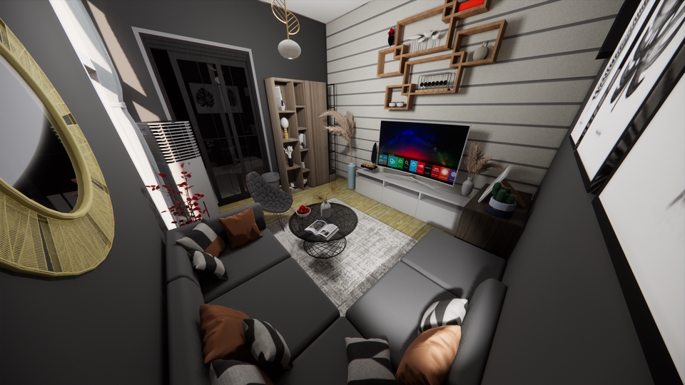 Jasa desain interior rumah minimalis modern dengan desain interior ruang tamu dan sofa nyaman.