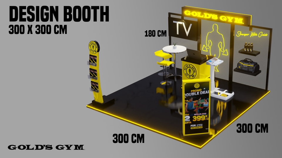 Desain Booth Pameran Gold's Gym dengan desain stand pameran minimalis dan unik, cocok untuk promosi produk fitness.