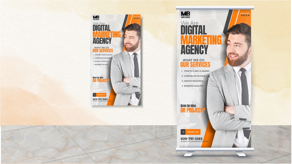 Jasa desain spanduk digital marketing agency dengan desain modern dan profesional, desain kartu nama keren untuk branding dan branding online.