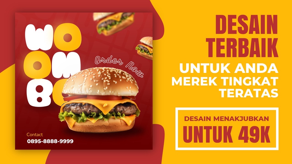 Jasa desain banner online untuk website dan media sosial, contoh desain banner dengan gambar burger dan logo "Woom".