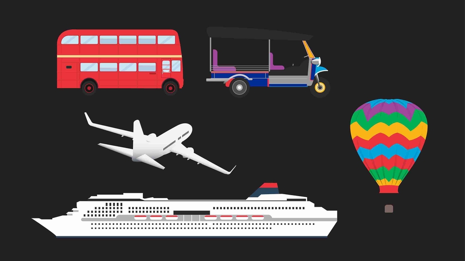 ภาพวาดเวกเตอร์ เรือ ท่องเที่ยว เครื่องบิน บัส รถ ตุ๊ก ตุ๊ก และบอลลูน