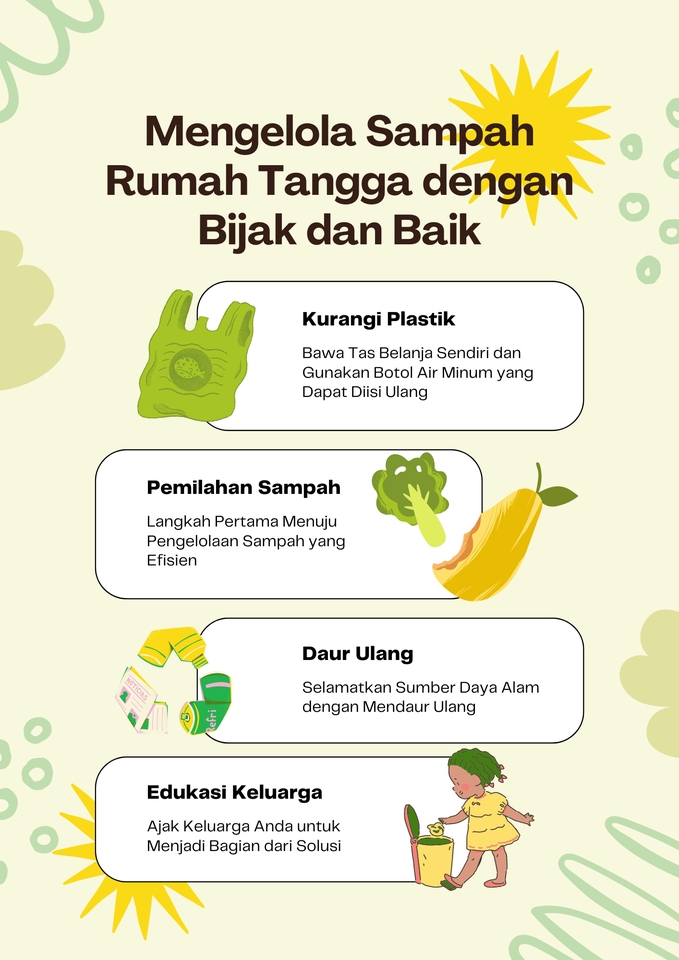 Tips Mengelola Sampah Rumah Tangga dengan Bijak dan Baik: Kurangi Plastik, Pemilahan Sampah, Daur Ulang, Edukasi Keluarga.