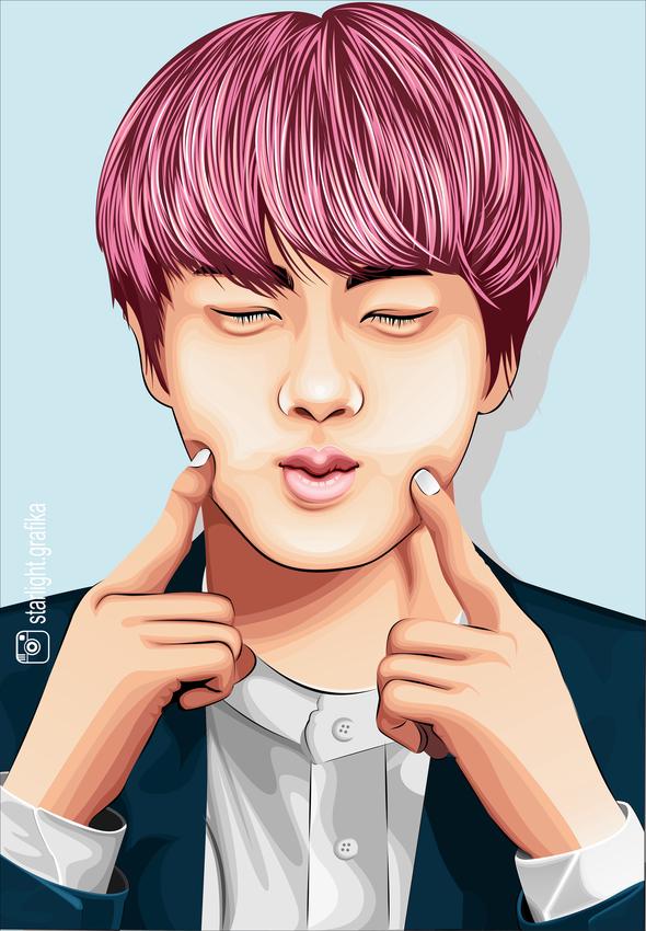 Ilustrasi kartun seorang pria dengan rambut merah muda sedang membuat pose imut dengan tangannya di pipi, cocok untuk jasa ilustrasi digital dan jasa desain karakter.