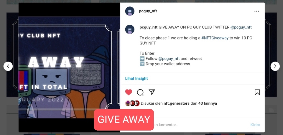 Jasa bikin caption instagram giveaway pc guy club nft dengan hashtag NFTGiveaway.