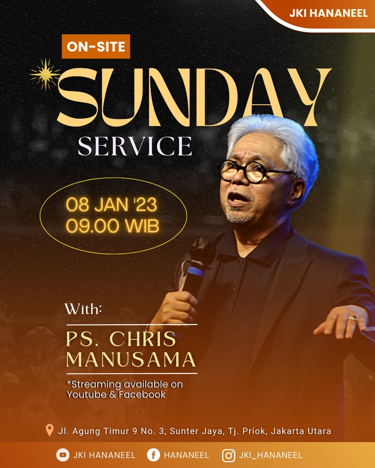Jasa desain poster undangan Minggu, dengan Ps Chris Manusama di Gereja JKI Hananeel.
