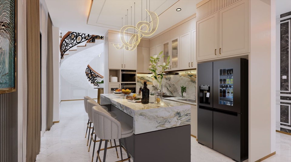 Desain dapur modern minimalis dengan lemari es, meja makan, dan kursi kayu.