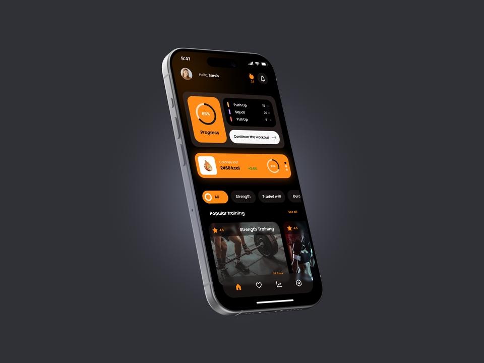 Desain UI UX aplikasi mobile fitness dengan fitur pelacakan kemajuan dan program latihan populer.