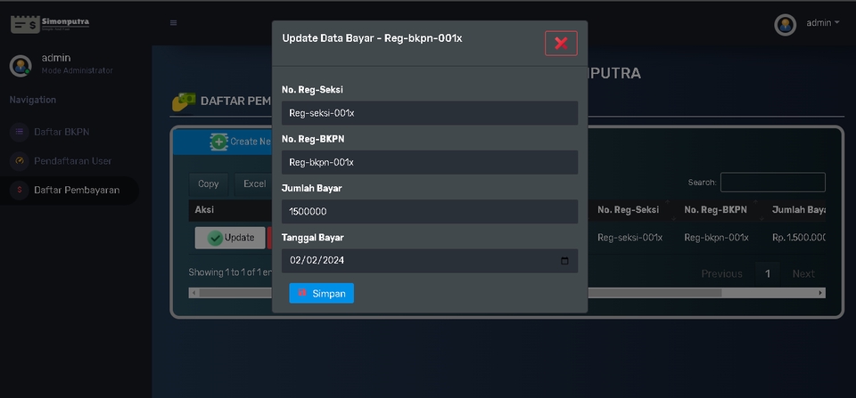 Jasa pembuatan website perusahaan, update data pembayaran, dengan nomor registrasi dan tanggal pembayaran.