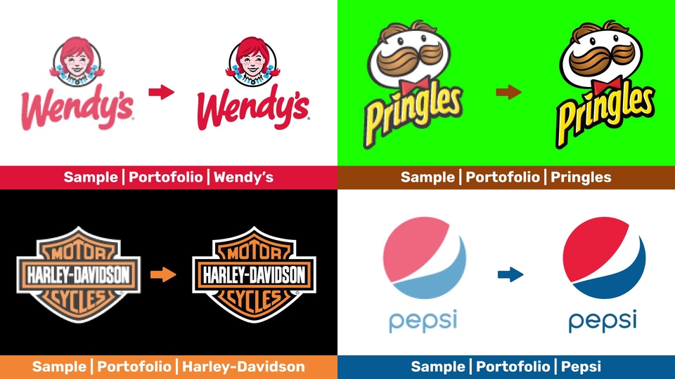 Contoh ilustrasi logo berbagai brand seperti Wendy's, Pringles, Harley-Davidson dan Pepsi untuk jasa desain ilustrasi dan gambar