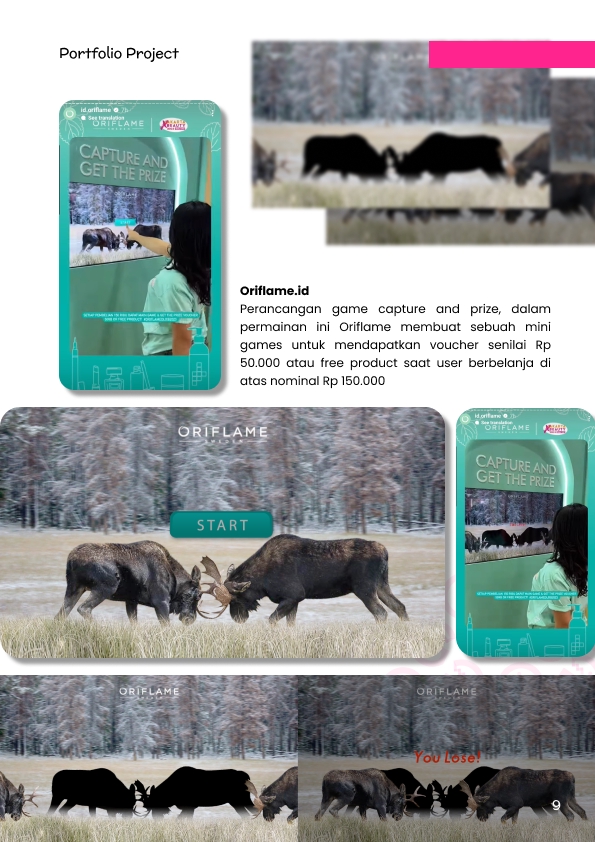 Jasa pembuatan game capture and prize untuk Orfilame dengan voucher senilai Rp 50.000 atau produk gratis saat berbelanja di atas Rp 150.000.