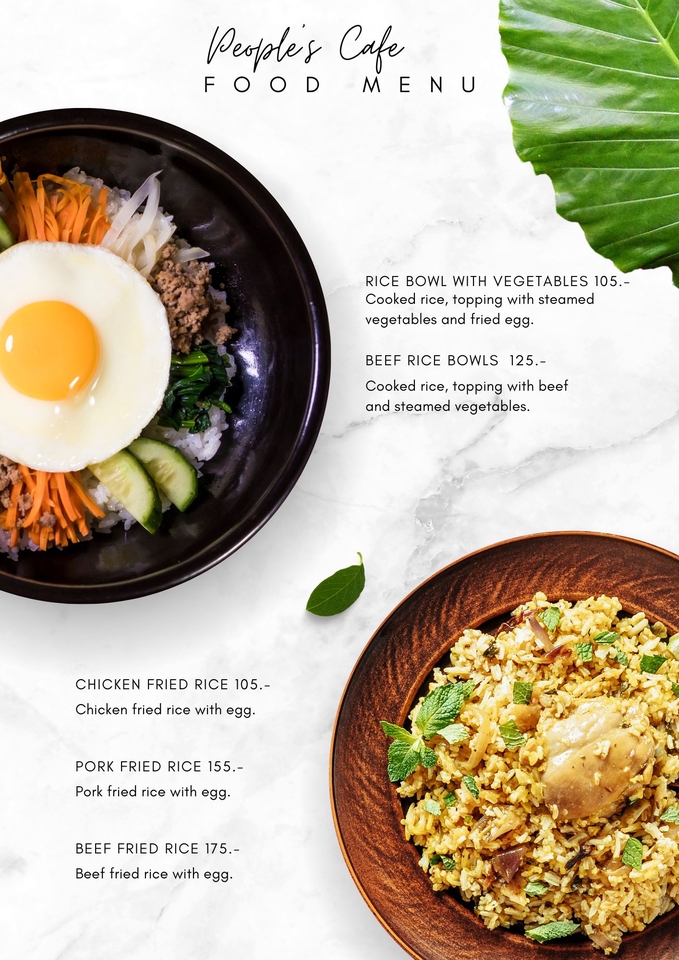 Desain menu makanan cafe dengan pilihan nasi goreng ayam, nasi goreng babi dan nasi goreng sapi