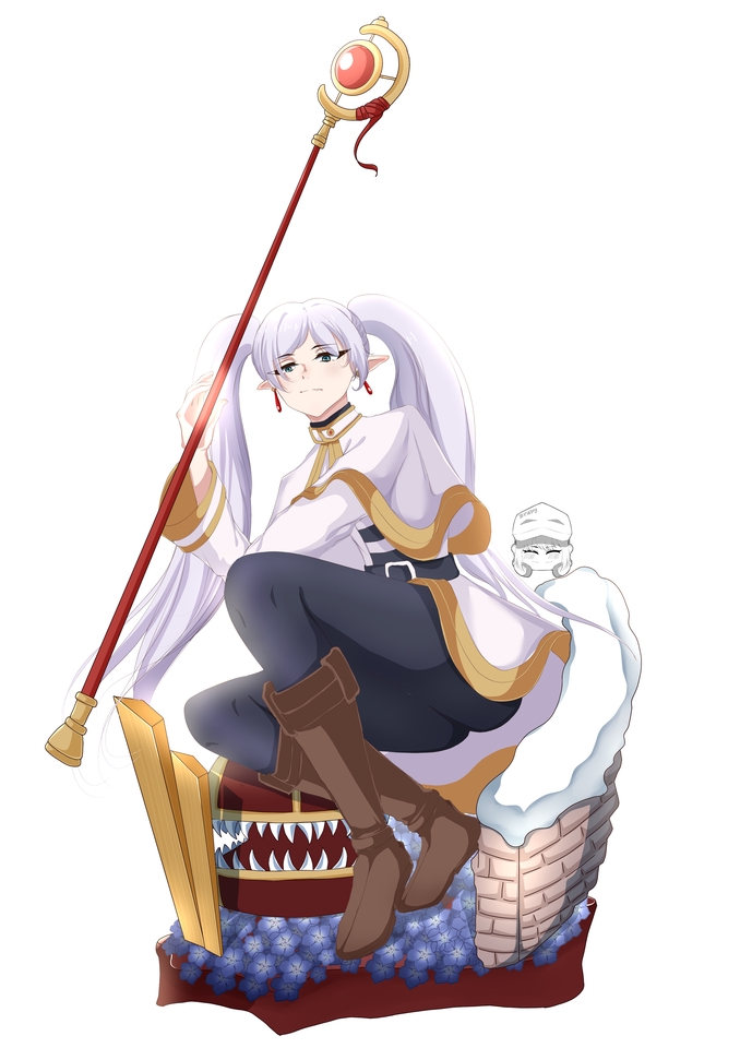 Ilustrasi digital seorang wanita berambut putih dengan tongkat sihir sedang berdiri di atas kotak.