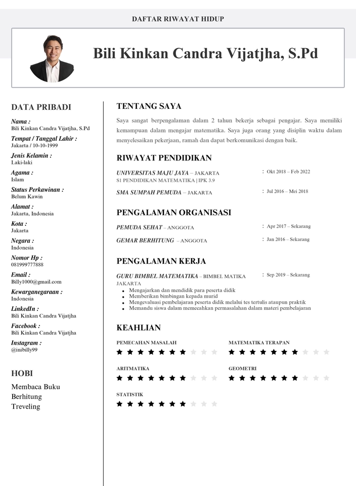 Jasa pembuatan CV, desain CV, desain CV unik dan menarik, portofolio, curriculum vitae, pembuatan resume, desain curriculum vitae untuk Bili Kinkan Candra Vijatja, S.Pd.