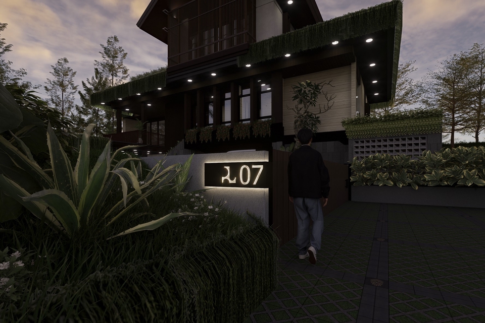 Jasa desain eksterior 3d rumah minimalis modern dengan desain taman dan halaman depan.