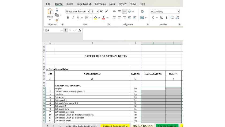 Daftar Harga Satuan Bahan untuk Laporan Keuangan - Jasa Konsultan Keuangan Freelance