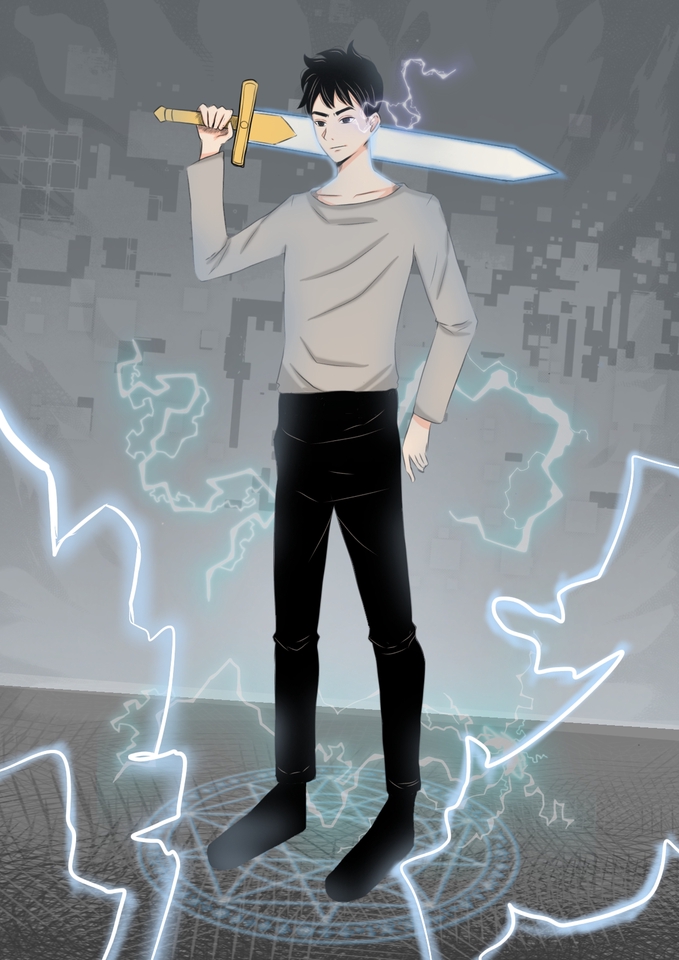 Ilustrasi seorang pria memegang pedang dengan desain digital.