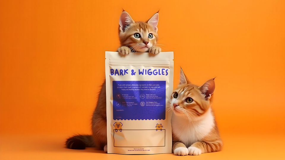 Dua kucing mengiklankan jasa desain kemasan makanan, jasa desain label makanan, jasa desain box makanan, jasa desain kotak kue unik, desain kemasan plastik, dan jasa desain produk.