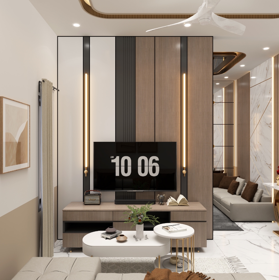 Desain interior ruang tamu minimalis modern dengan TV dan sofa. Jasa desain interior rumah, desain interior ruang tamu, desain interior minimalis, desain interior modern.