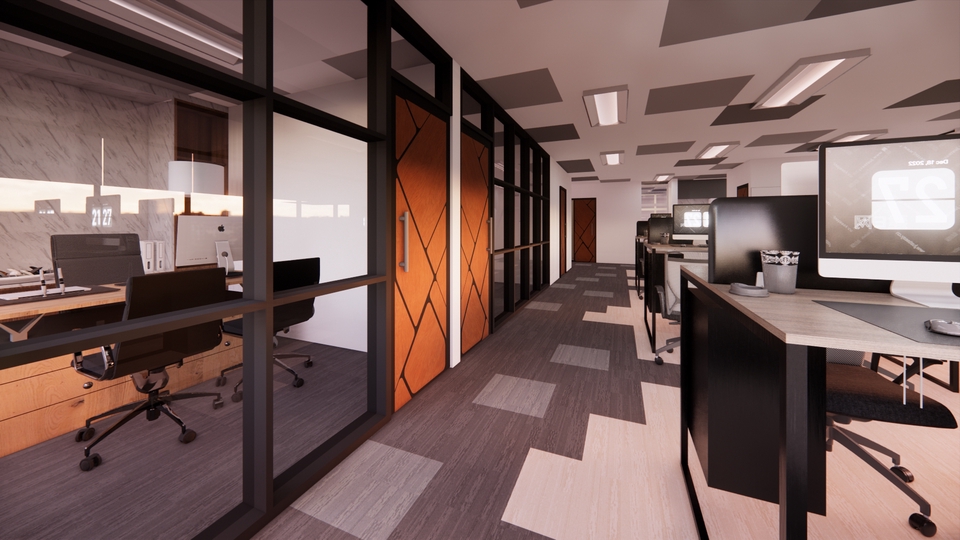Desain interior kantor modern dengan partisi kaca dan meja kerja - jasa desain interior kantor - desain interior ruang kerja - desain kantor minimalis - desain interior ruang kerja modern - jasa desain interior - desain kantor - interior desain - desain ruangan kerja - interior ruang kerja