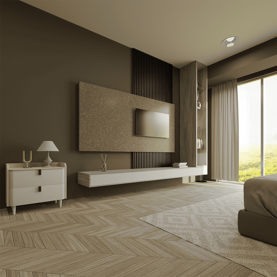 Desain lemari tv minimalis dengan rak dinding dan meja tv modern untuk ruang tamu.