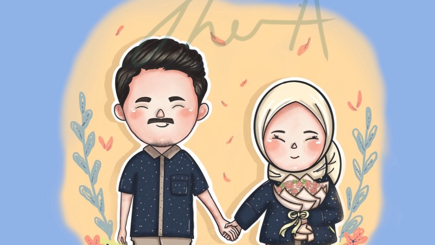Ilustrasi pasangan kartun lucu untuk desain undangan pernikahan.