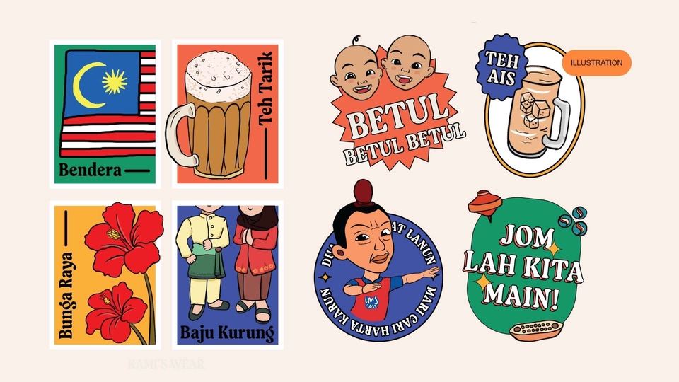 Desain ilustrasi kaos anak, bunga raya, baju kurung, bendera, teh tarik, teh ais, jom lah kita main, betul betul betul.