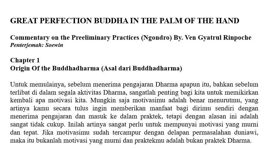 Jasa Penerjemah Bahasa Indonesia untuk buku "Great Perfection Buddha in the Palm of the Hand".