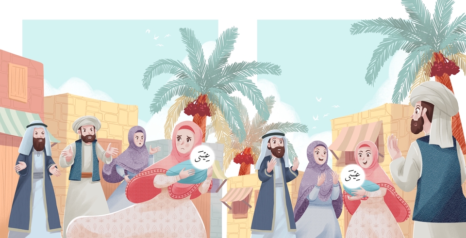 Jasa ilustrasi digital keluarga muslim dengan desain kartun lucu.