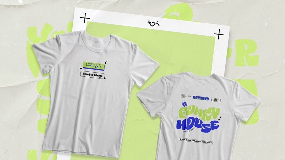 Desain kaos dengan tema _funky house_ dan _king of kings_ untuk _distro_