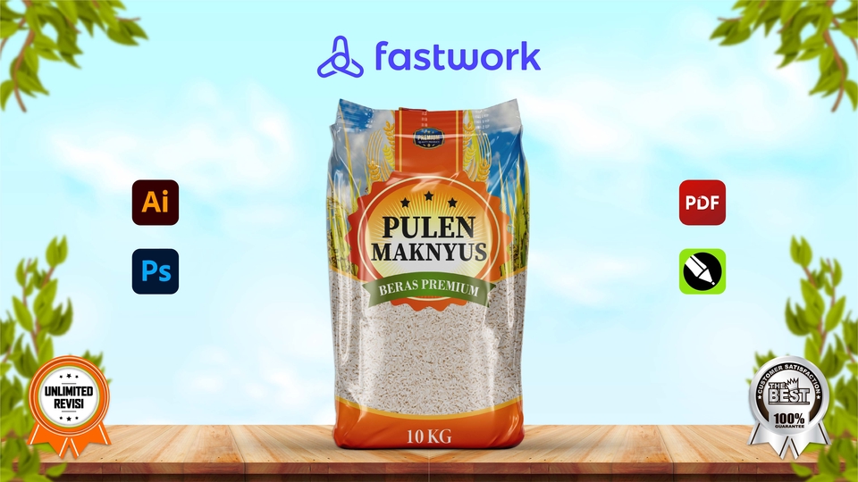 Jasa desain kemasan makanan beras Pulen Maknyus, desain packaging unik dan menarik untuk produk makanan, desain label makanan