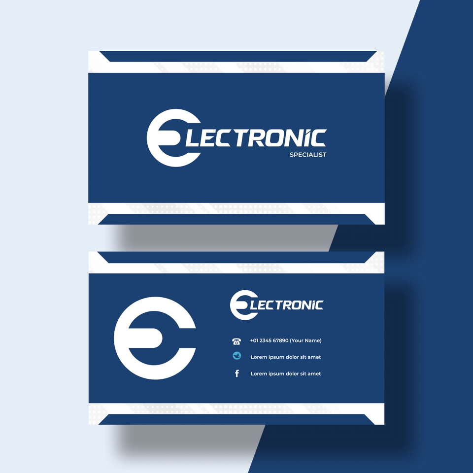 Desain logo profesional untuk bisnis elektronik dengan logo e berwarna biru dan putih