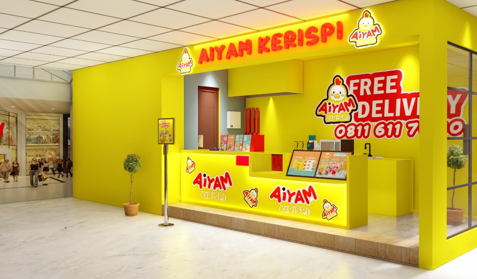 Jasa desain 3D eksterior restoran ayam krispi dengan desain minimalis dan modern.