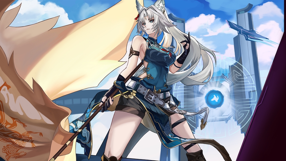 แฟนอาร์ตการ์ตูนสาวผมขาว ในชุดสีน้ำเงินและขาว ถือดาบ มีฉากหลังเป็นเมือง futurisitc