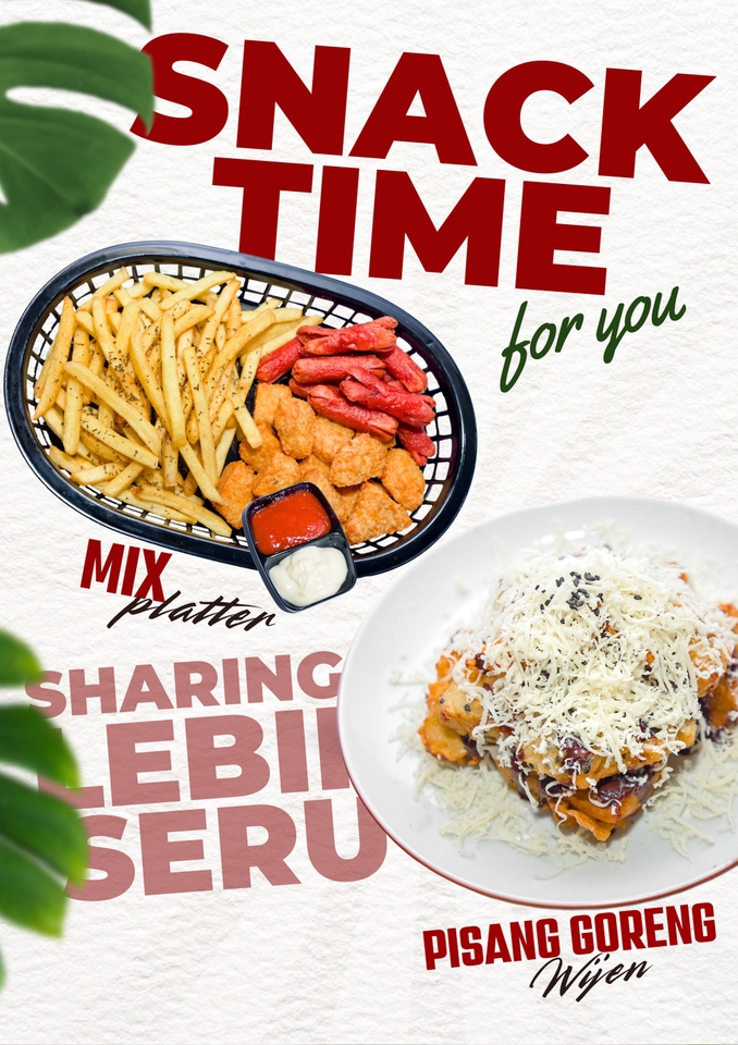 Jasa desain makanan lezat untuk snack time, contoh desain spanduk snack time untuk usaha kuliner.