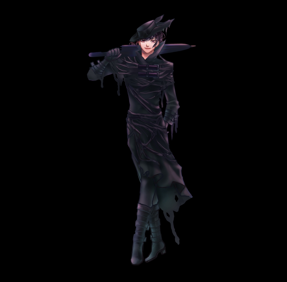 Ilustrasi seorang karakter dengan pakaian hitam dan topi, memegang senjata di tangan kanan.