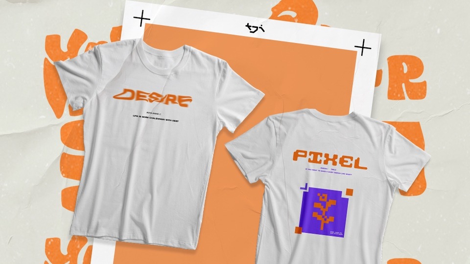Desain kaos distro dengan tulisan "Desire" dan "Pixel" cocok untuk pria dan wanita.