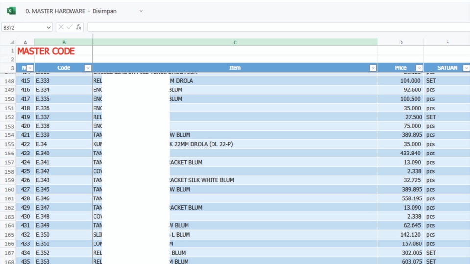 Jasa data entry excel untuk data produk dengan kode, nama, harga, dan satuan