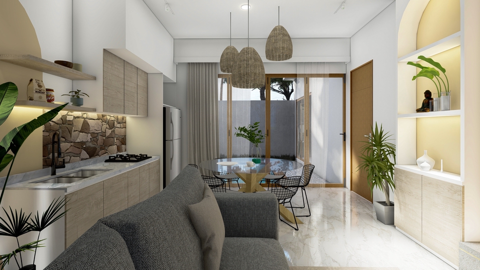Desain interior minimalis untuk apartemen studio modern dengan desain ruang tamu dan dapur terbuka.