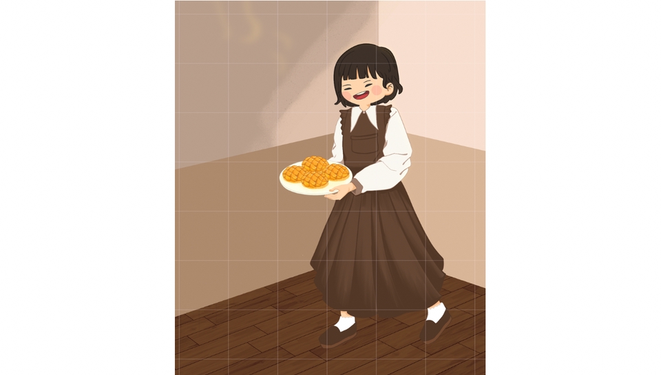 Ilustrasi wanita memegang kue tart dengan latar belakang coklat