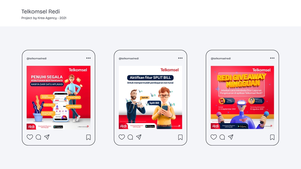 Jasa desain banner Instagram untuk promosi Telkomsel, desain banner dengan tema merah dan putih, dengan gambar orang menggunakan fitur Telkomsel