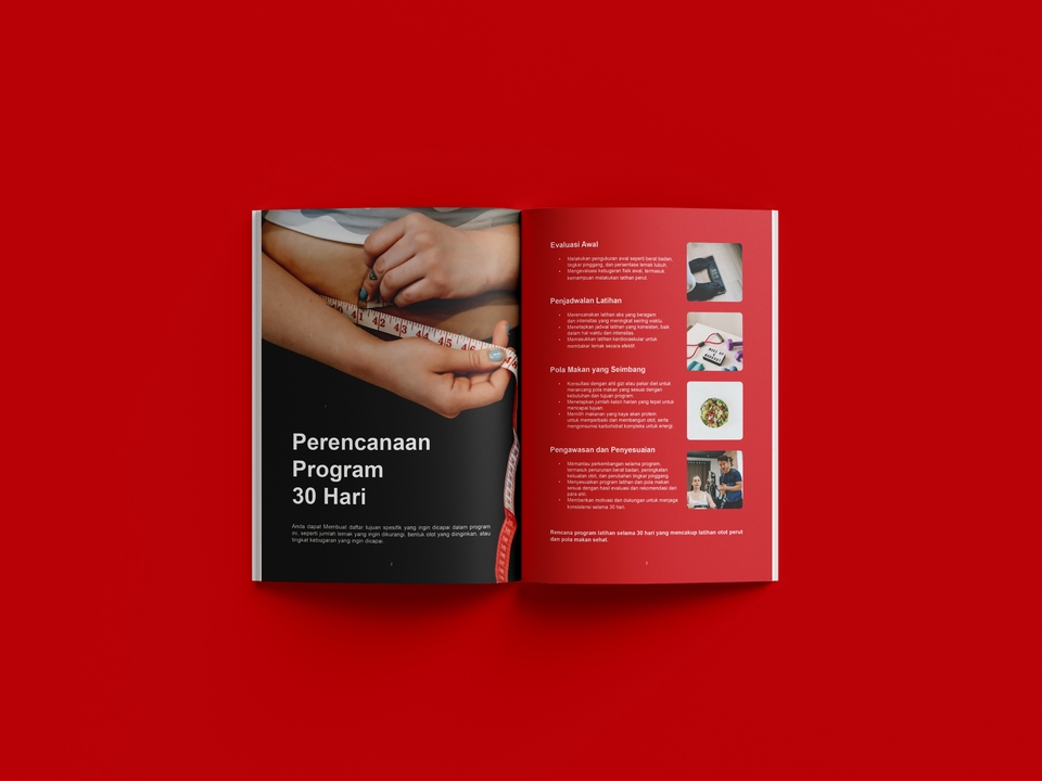 Desain brosur program diet 30 hari dengan gambar wanita memegang meteran.