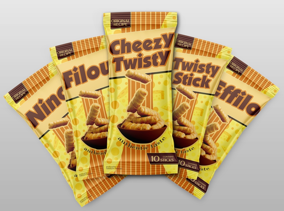 Jasa desain kemasan makanan snack dengan desain unik dan menarik.