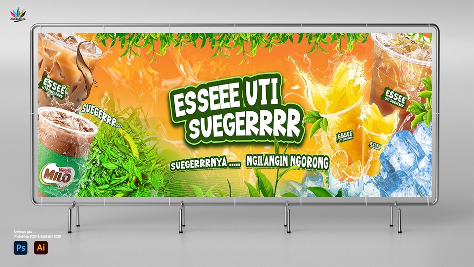 Jasa desain spanduk online, desain spanduk minuman Essee Uti, desain spanduk cafe, desain spanduk toko, desain spanduk kreatif.