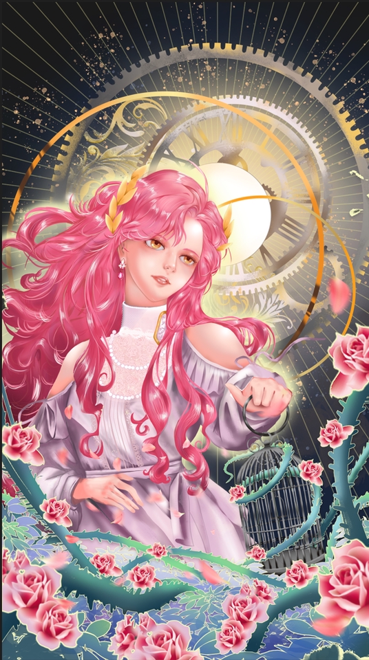 รับวาดภาพประกอบนิทาน ภาพวาดหญิงสาวผมชมพูกับกรงนก ดอกกุหลาบ 