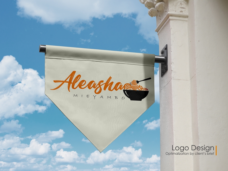 Desain logo restoran "Aleasha Mieyambos" dengan logo mangkuk mie dan garpu