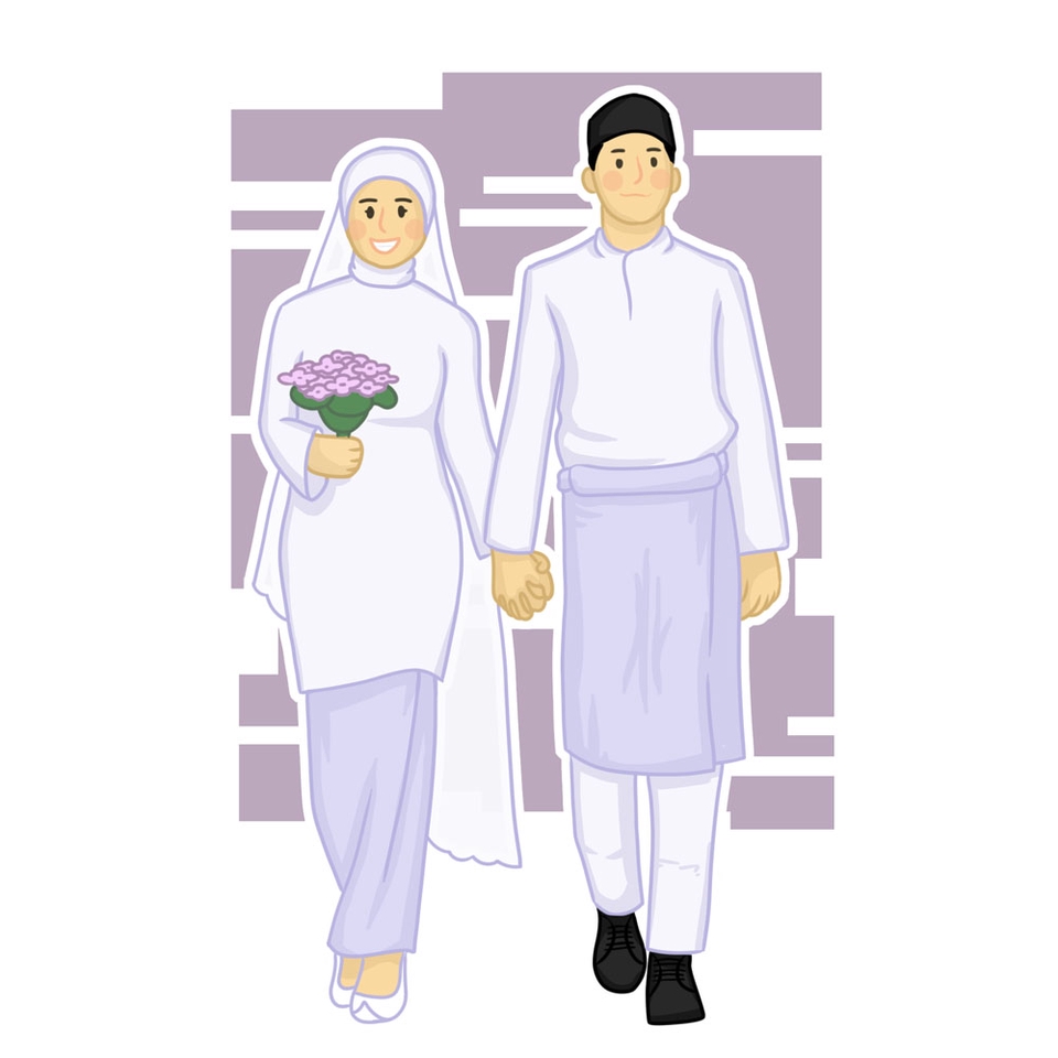 Jasa pembuatan karikatur pernikahan, gambar pengantin pria dan wanita dalam pakaian muslim, desain vektor wajah, kartun