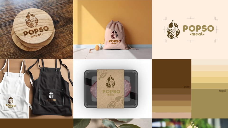 Jasa desain logo makanan dengan nama POPSO - meal, logo dengan warna cokelat dan desain logo yang terkesan simple dan modern.