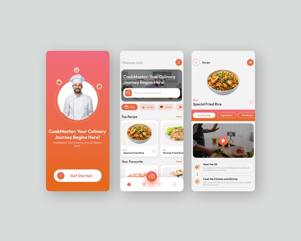 Desain UI UX aplikasi mobile untuk restoran makanan dengan fitur resep, daftar menu, dan pemesanan makanan.