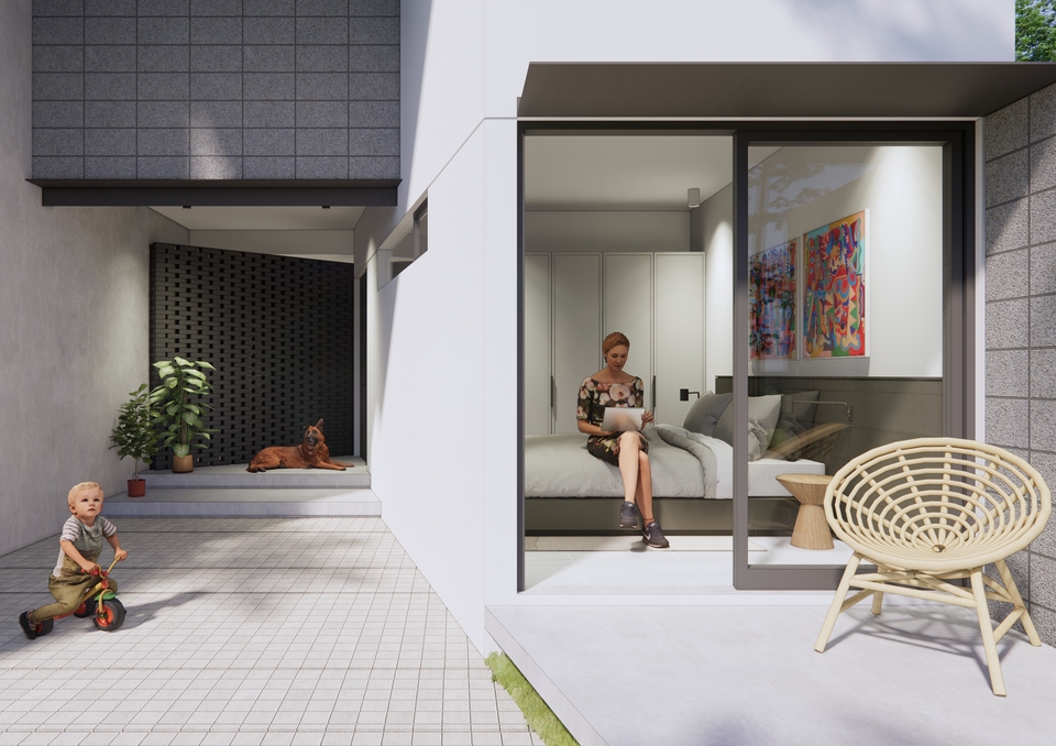 Jasa desain interior 3d untuk rumah minimalis modern dengan konsep terbuka dan desain ruang tamu yang luas.